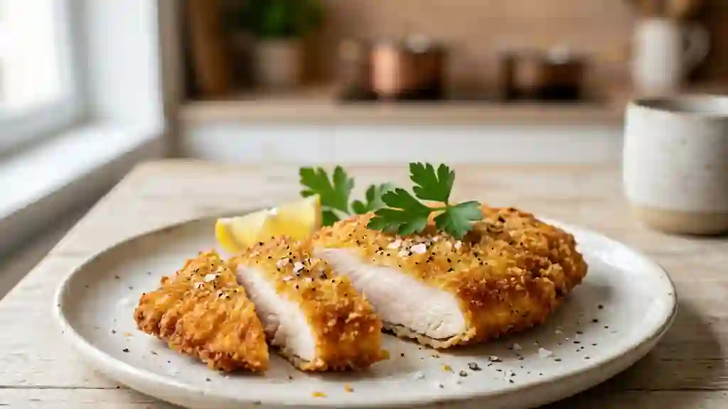 Escalopes de poulet au pané doré et croustillant - Photo de présentation