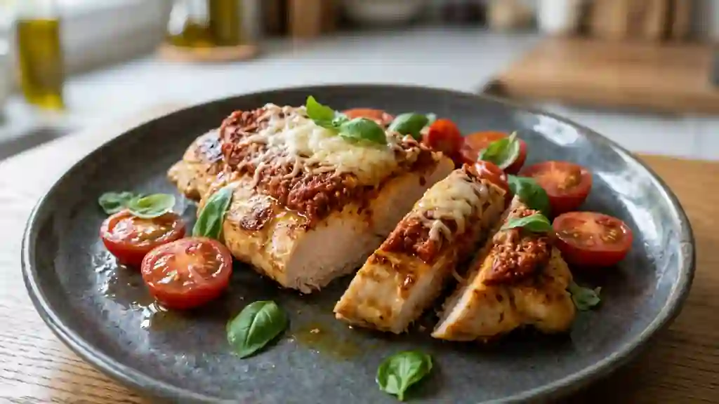 Poulet au pesto rosso et parmesan fondant - Photo de présentation