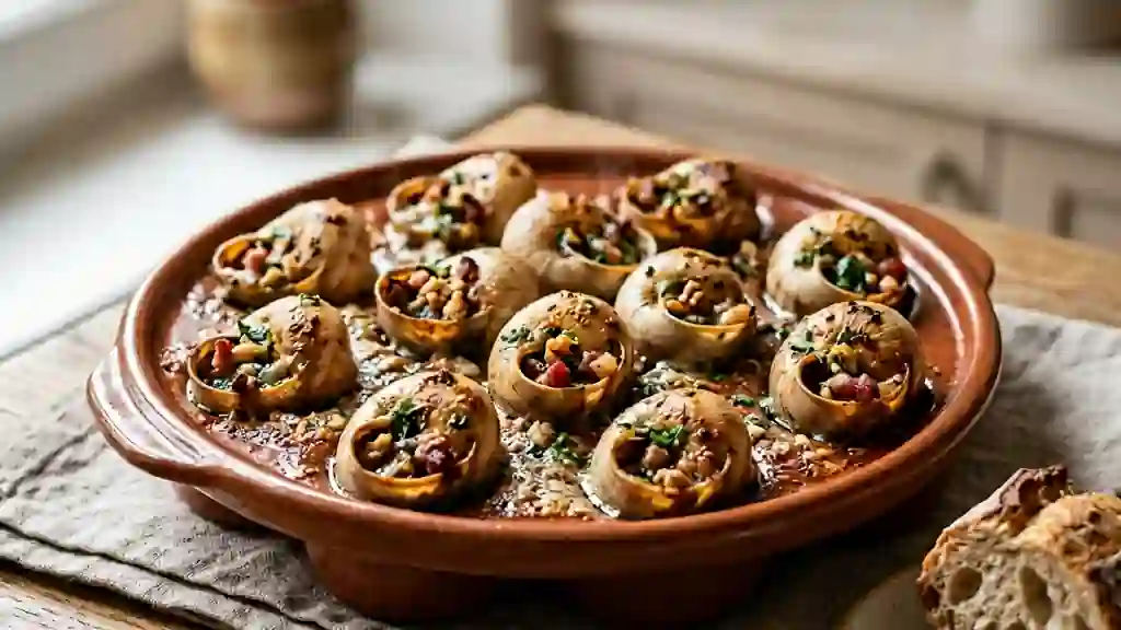 Escargots au beurre de noix et lard croustillant - Photo de présentation