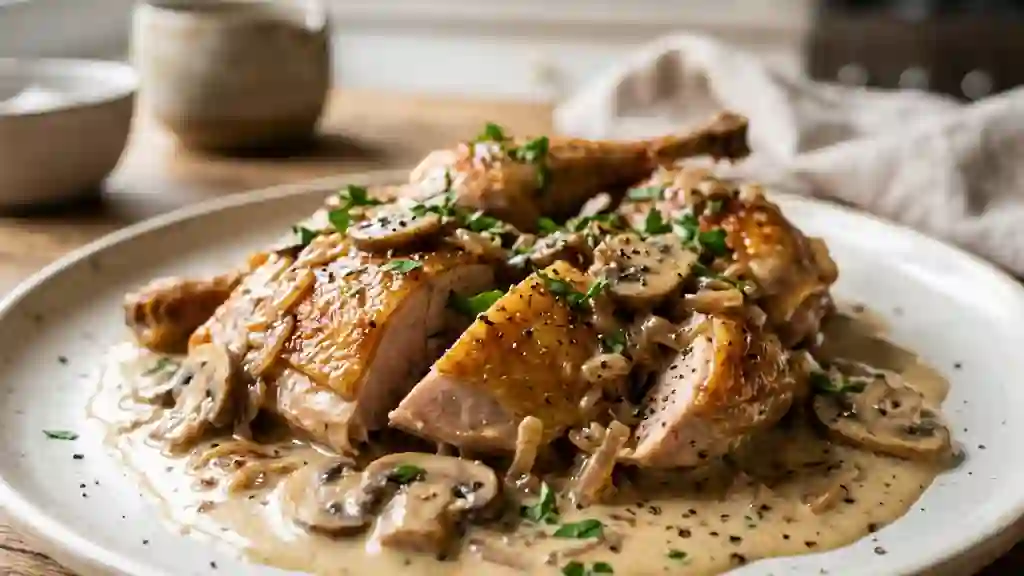 Faisan fondant à la crème et champignons - Photo de présentation