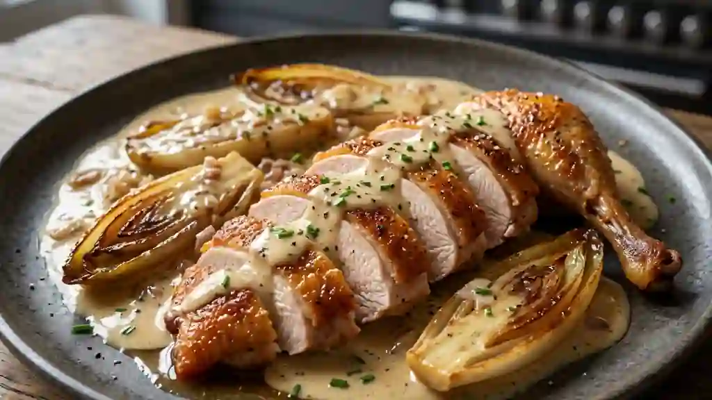 Faisan rôti et sa sauce onctueuse aux chicons - Photo de présentation