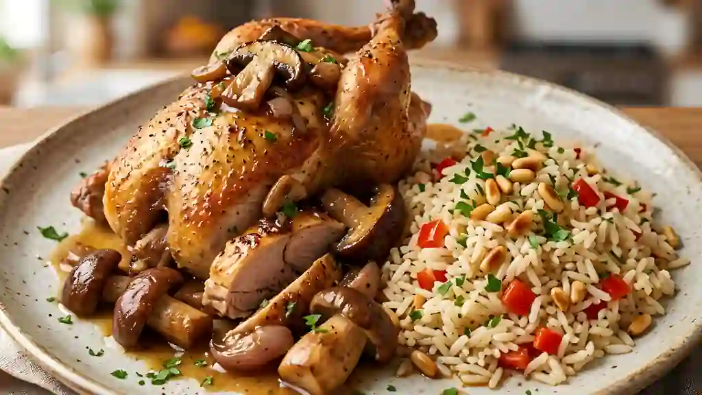 Faisan rôti aux cèpes et riz croquant - Photo de présentation