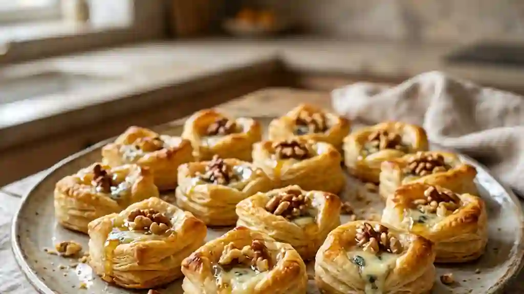 Feuilletés croustillants Roquefort, noix et miel - Photo de présentation