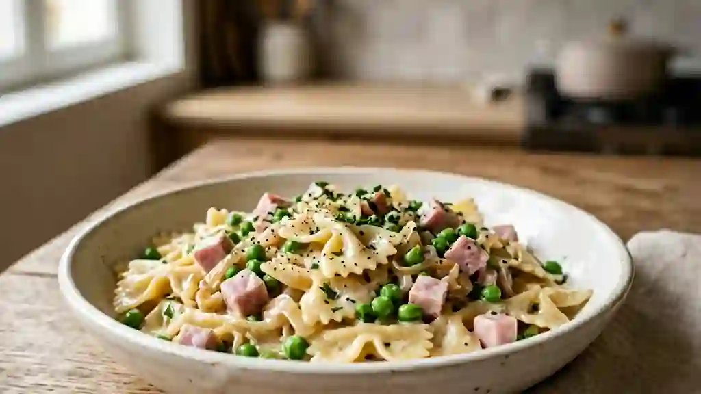 Farfalles crémeuses au jambon et petits pois - Photo de présentation