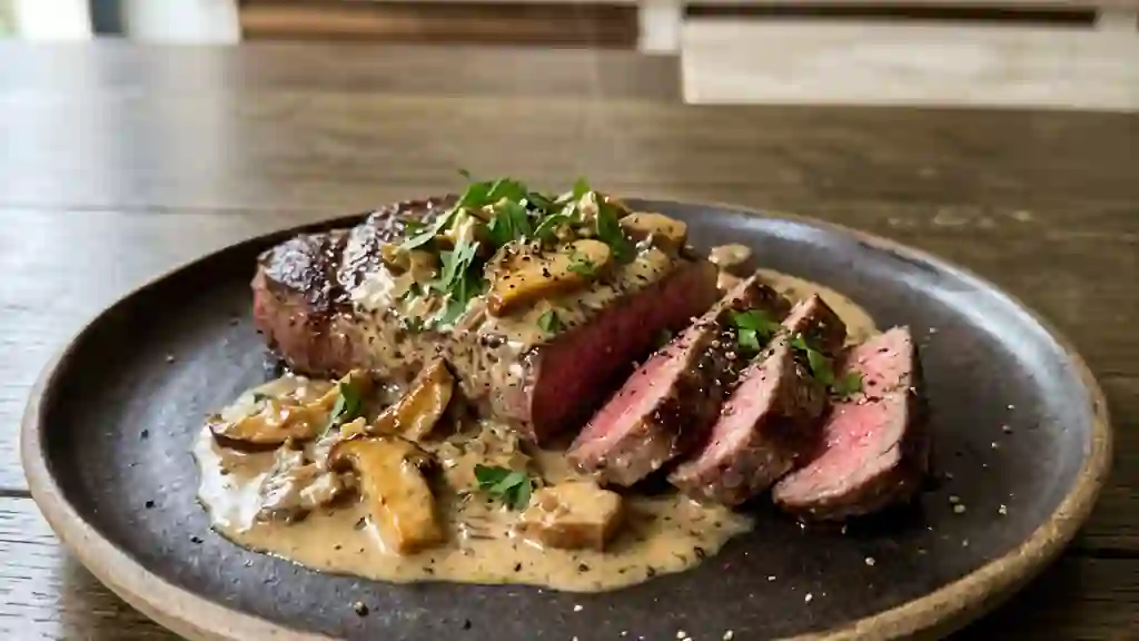Faux-filet poêlé et crème de cèpes forestiers - Photo de présentation