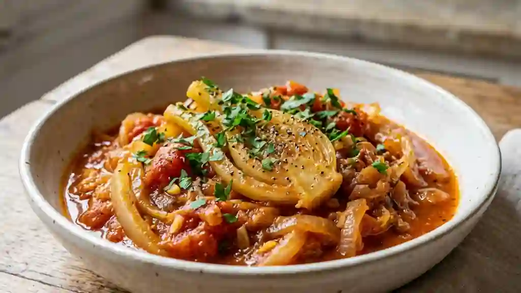 Fenouil fondant à la tomate et oignons rissolés - Photo de présentation