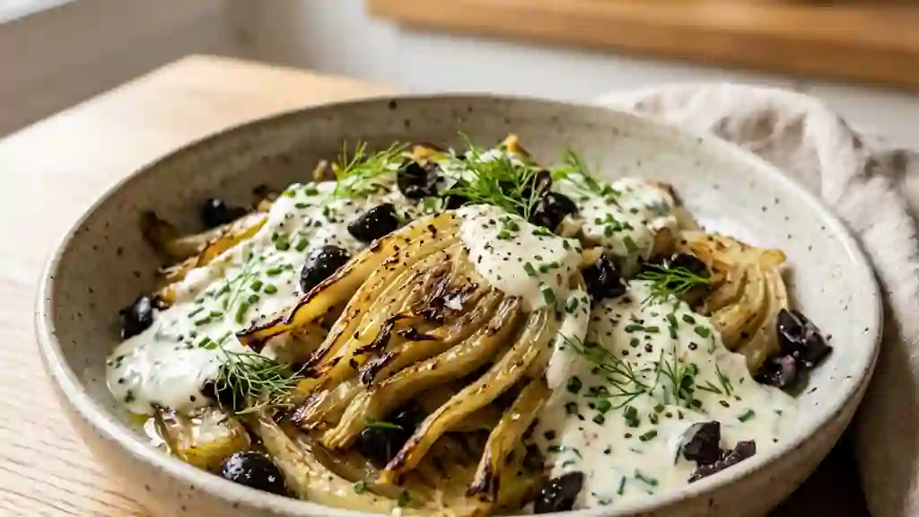 Fenouil rôti, olives et crème citronnée - Photo de présentation
