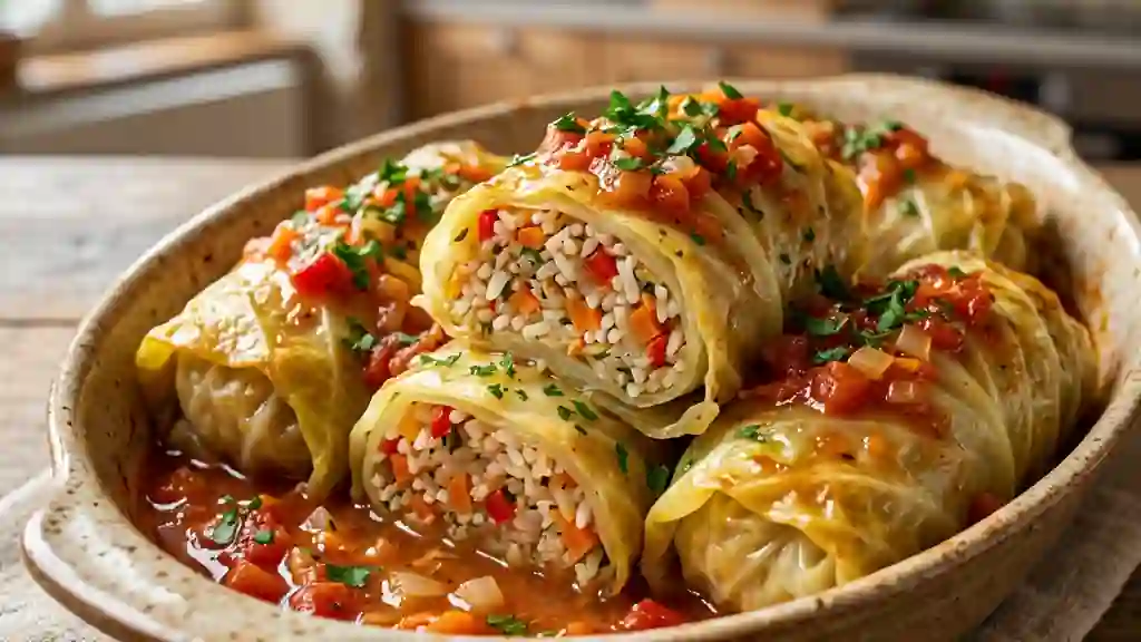Chou farci fondant au riz et petits légumes - Photo de présentation