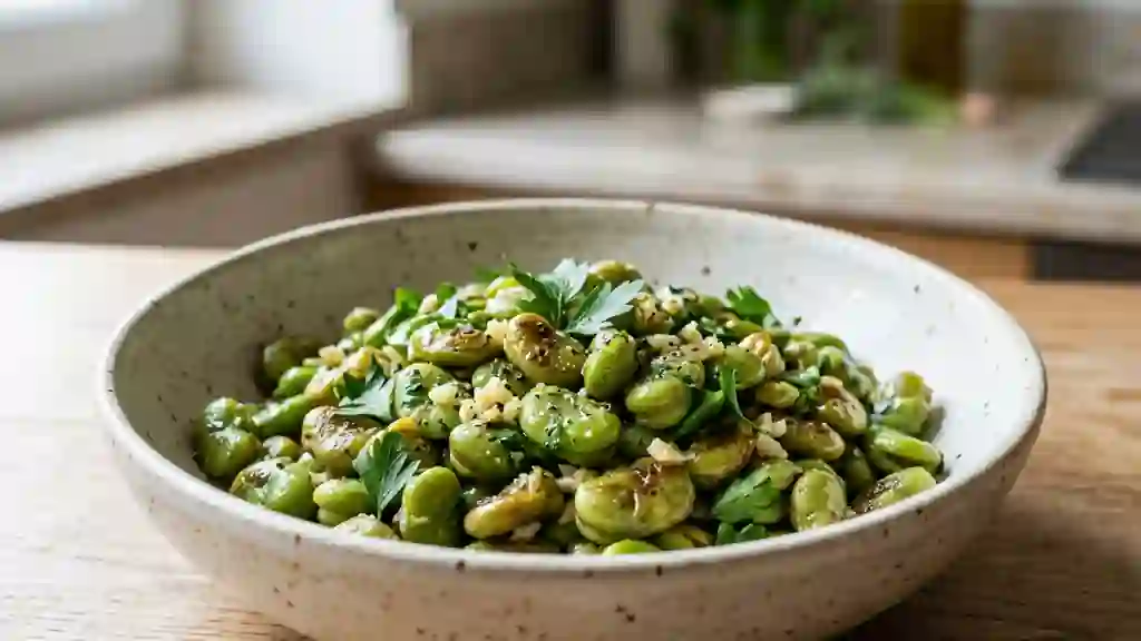 Fèves nouvelles sautées à l'ail et persil - Photo de présentation