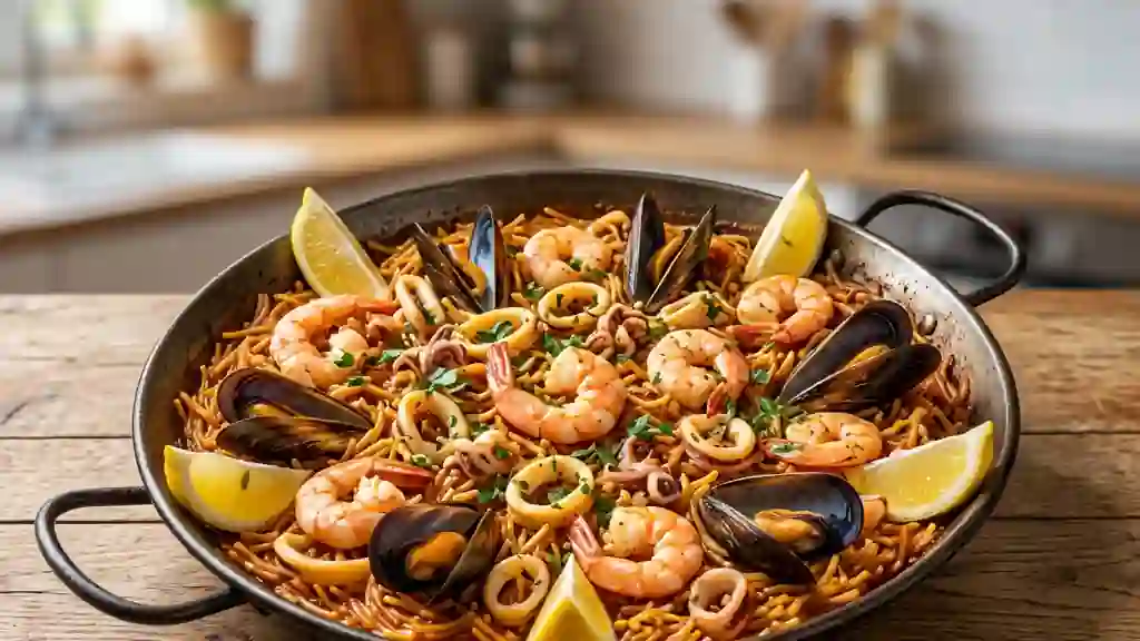 Fideuà iodée aux fruits de mer et safran - Photo de présentation
