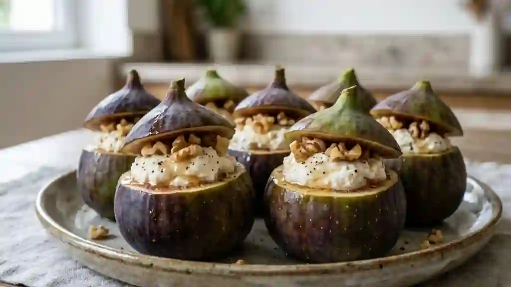 Figues fondantes au fromage frais, miel et noix - Photo de présentation