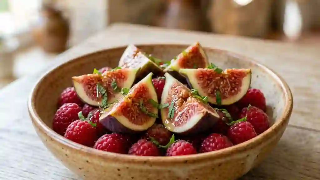 Figues fondantes sur lit de framboises acidulées - Photo de présentation