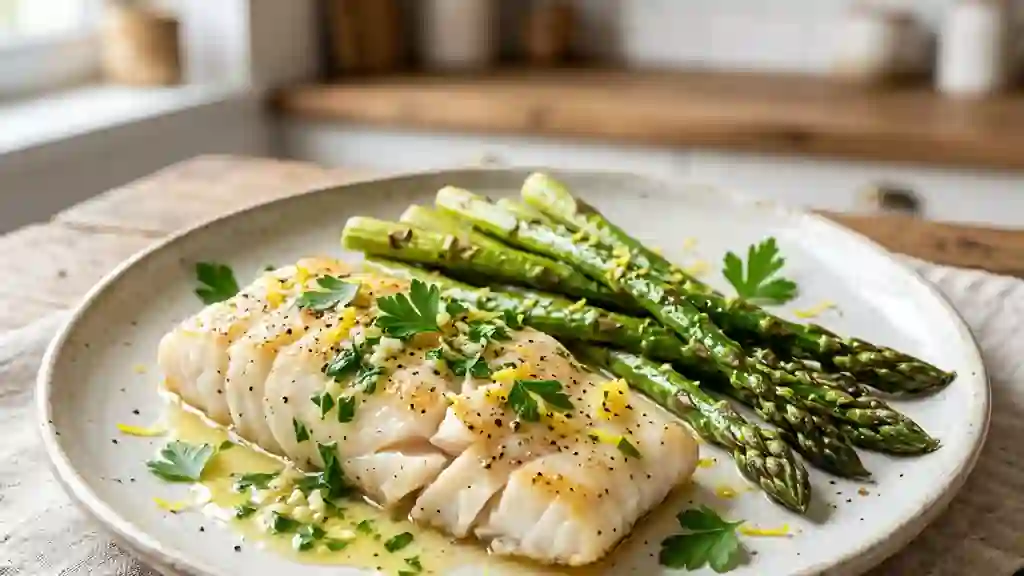 Cabillaud fondant et asperges vertes au citron - Photo de présentation