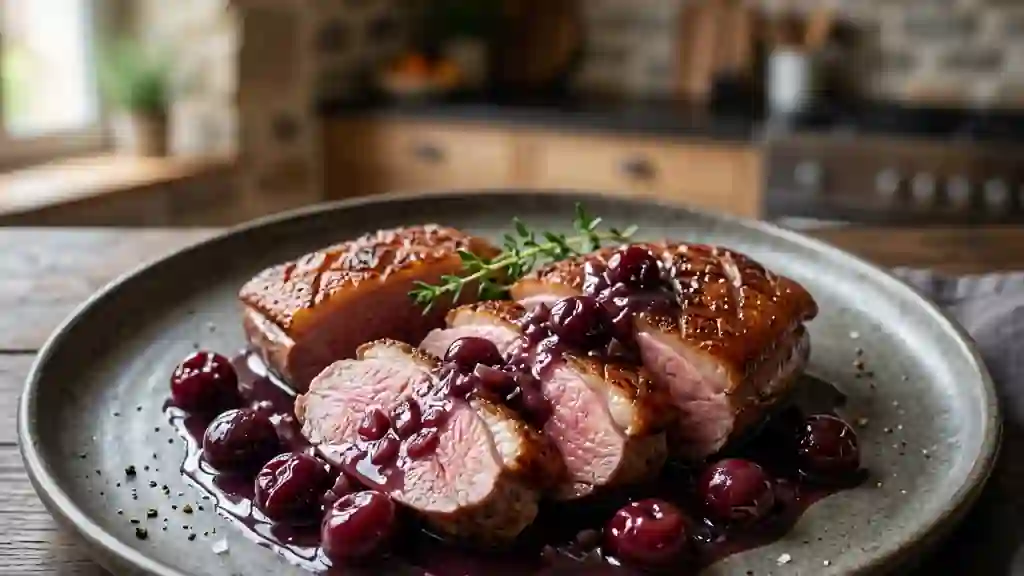 Filet de canard rôti aux griottes acidulées - Photo de présentation
