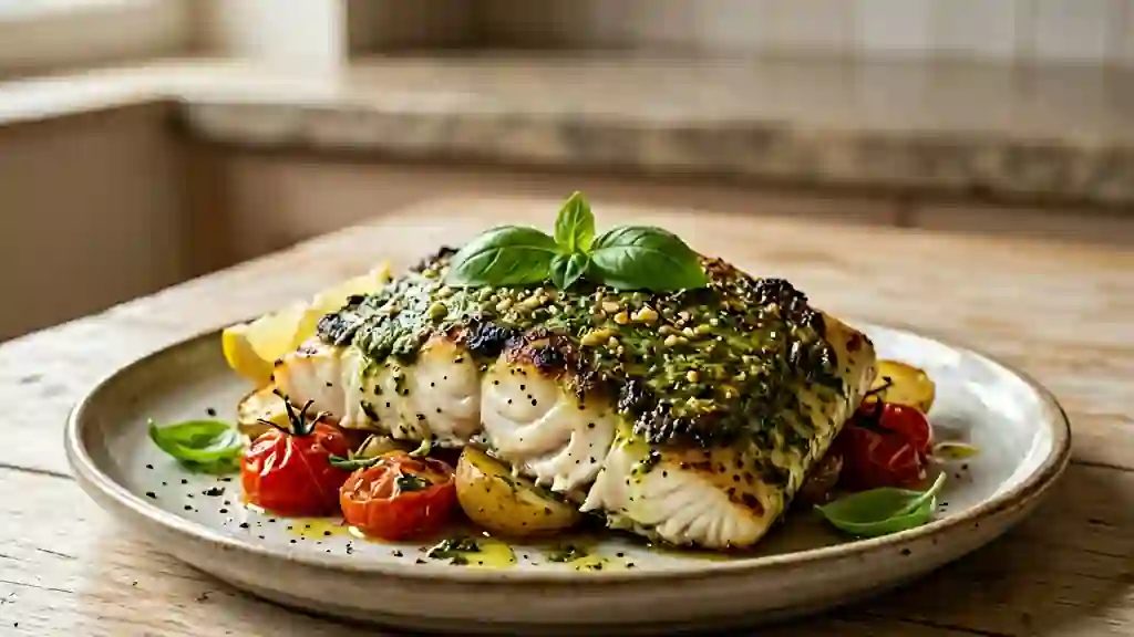 Colin fondant sous sa croûte de pesto vert - Photo de présentation