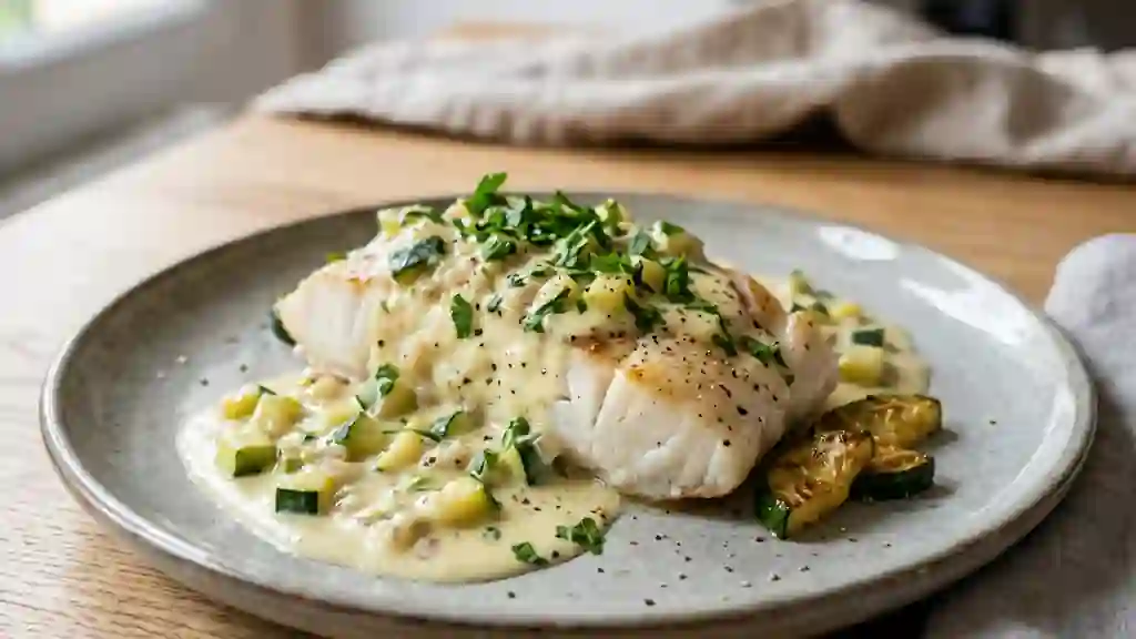 Poisson blanc fondant, crème de courgette onctueuse - Photo de présentation