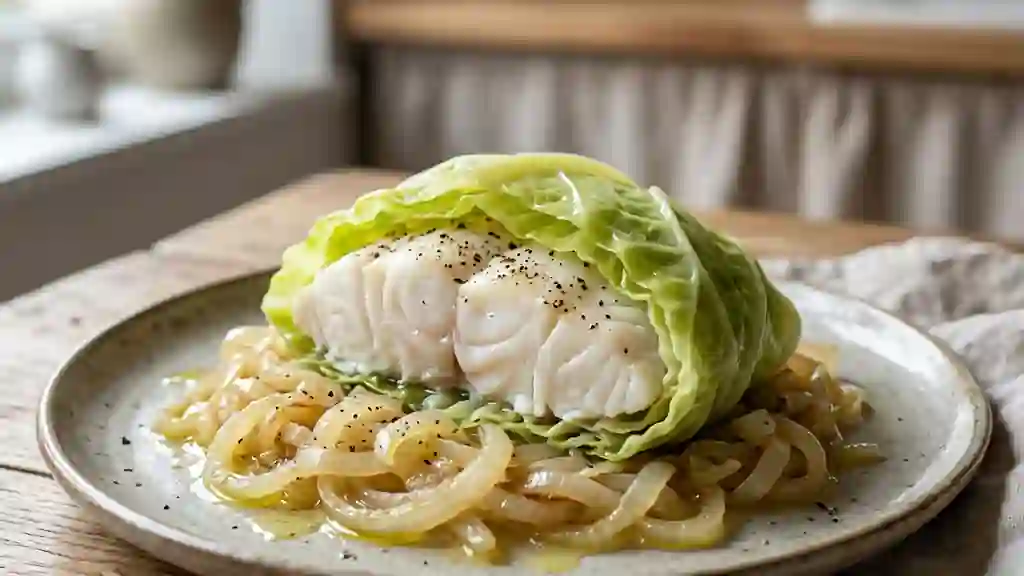 Papillote de poisson blanc au chou fondant - Photo de présentation
