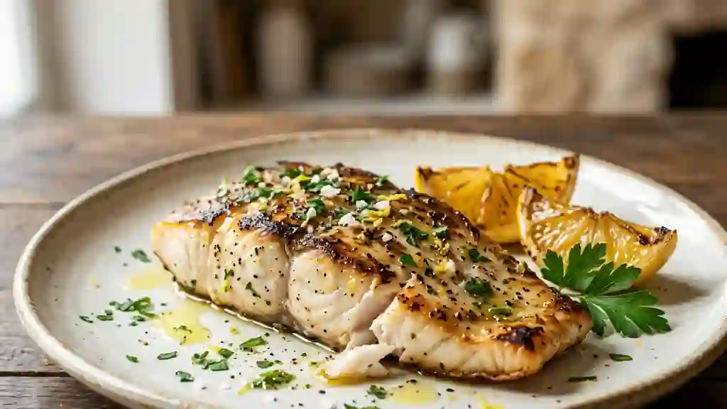 Poisson jaune grillé au citron et ail pressé - Photo de présentation