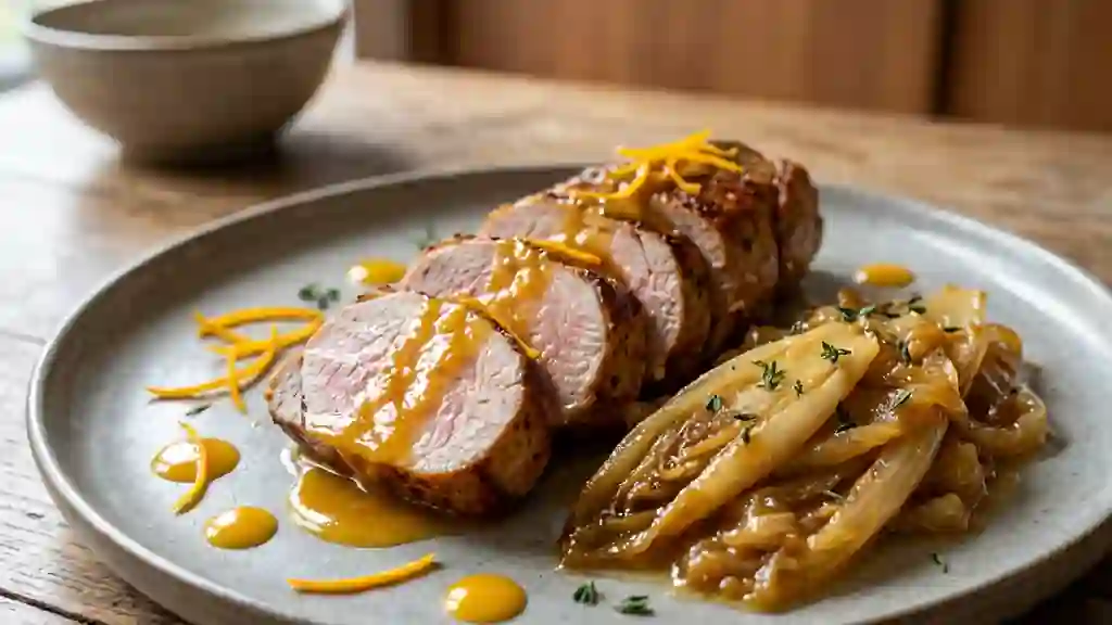 Porc laqué à l'orange et compotée de chicons - Photo de présentation