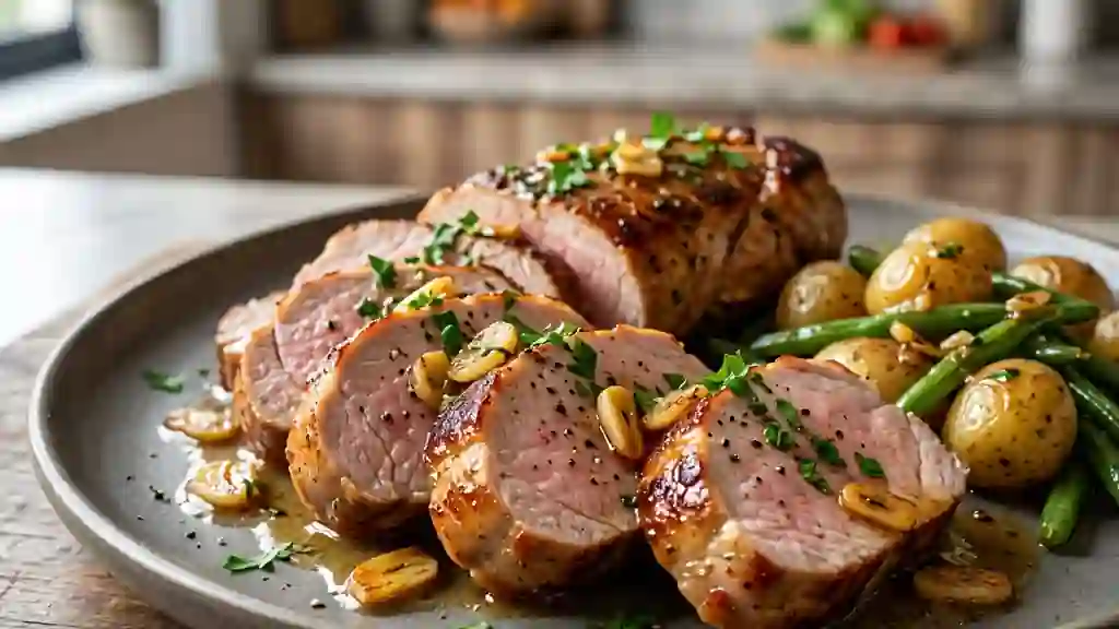 Filet de porc poêlé au beurre d'ail fondant - Photo de présentation