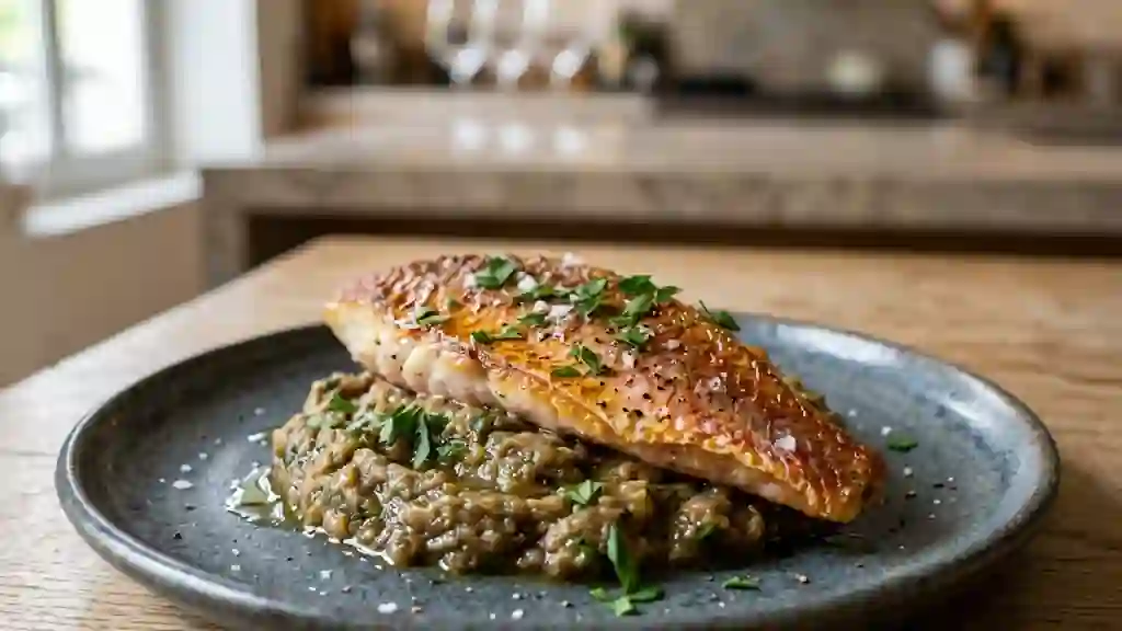 Rouget poêlé et caviar d'aubergine fondant - Photo de présentation