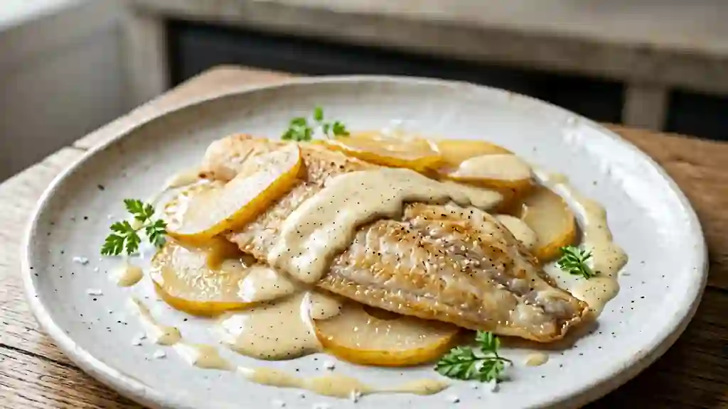 Sole nacrée aux poires et crème vanillée - Photo de présentation