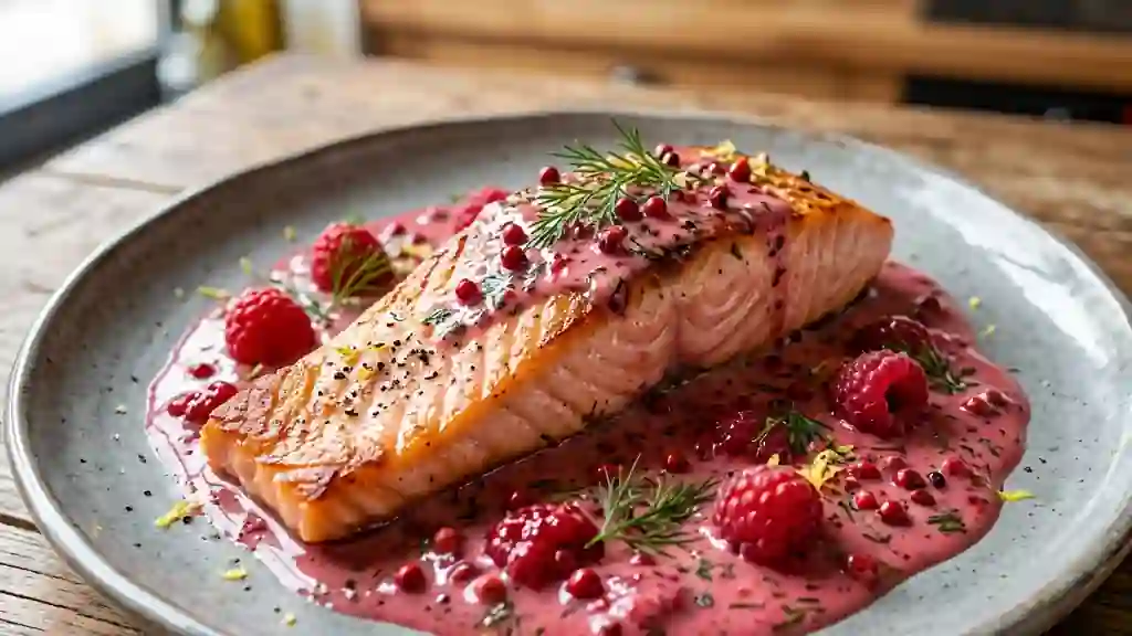 Truite saumonée nacrée et crème de framboises - Photo de présentation