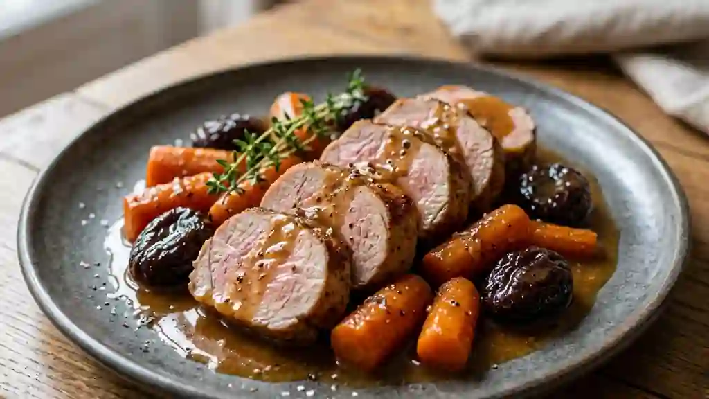 Filet mignon fondant aux pruneaux et carottes - Photo de présentation