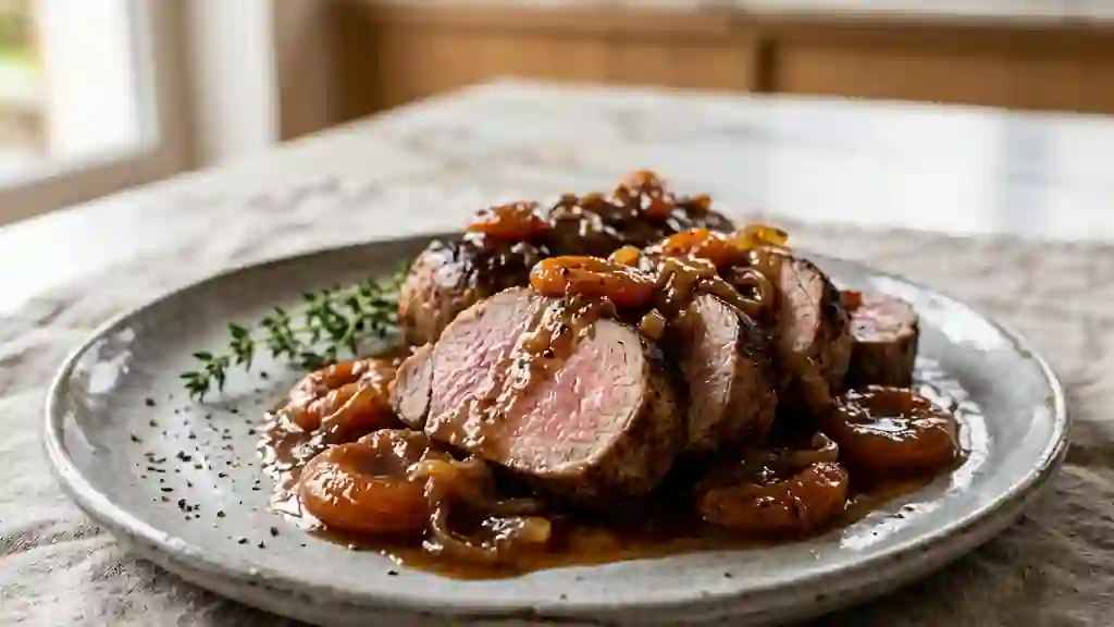 Filet mignon juteux aux abricots caramélisés - Photo de présentation