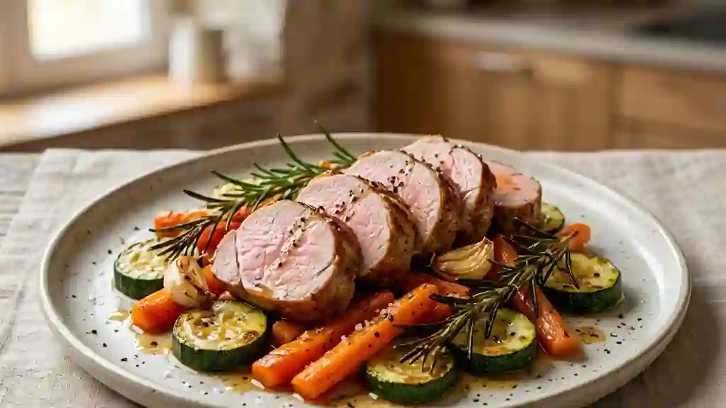 Filet mignon rôti au romarin et légumes d'été - Photo de présentation