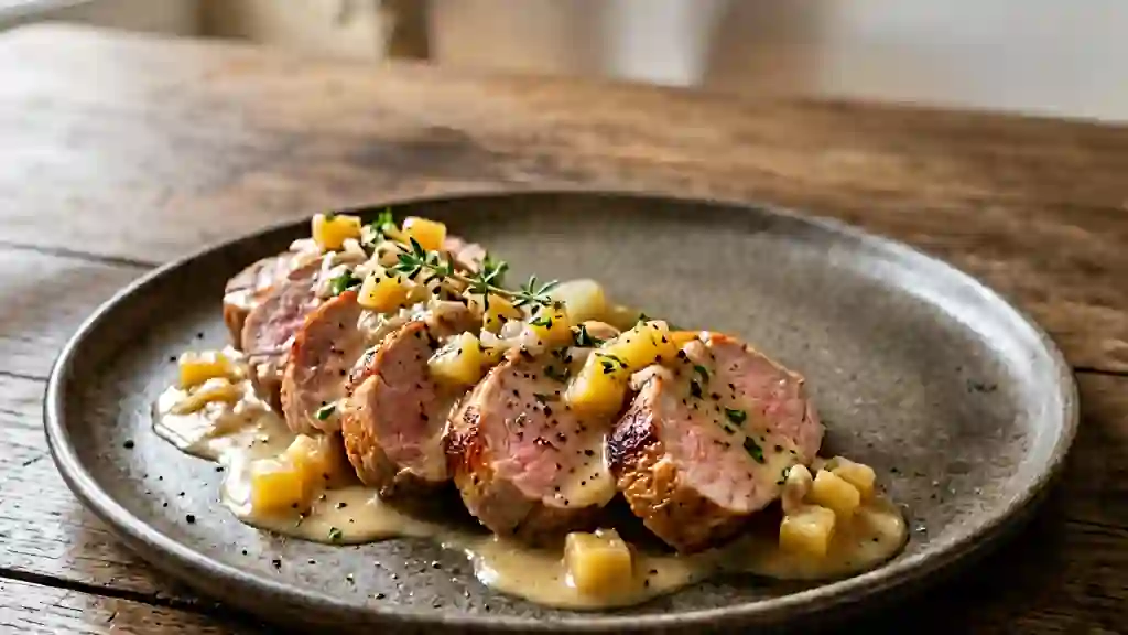 Filet mignon caramélisé et crème aux pommes - Photo de présentation