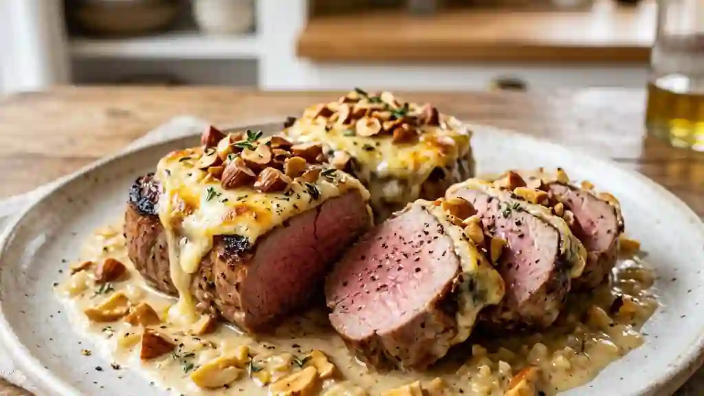 Filet mignon fondant au camembert et amandes - Photo de présentation