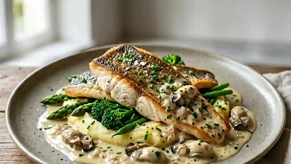 Bar nacré, beurre blanc iodé au Champagne - Photo de présentation