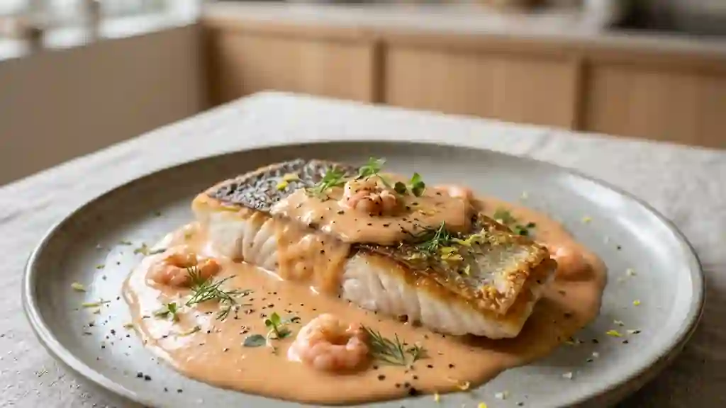 Filet de bar nacré au coulis de crevettes - Photo de présentation