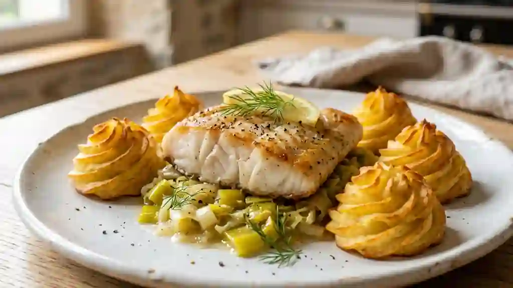 Lotte fondante et pommes duchesse croustillantes - Photo de présentation