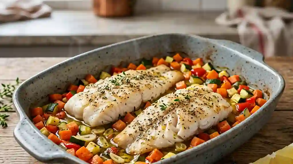 Filets de poisson fondants aux petits légumes - Photo de présentation