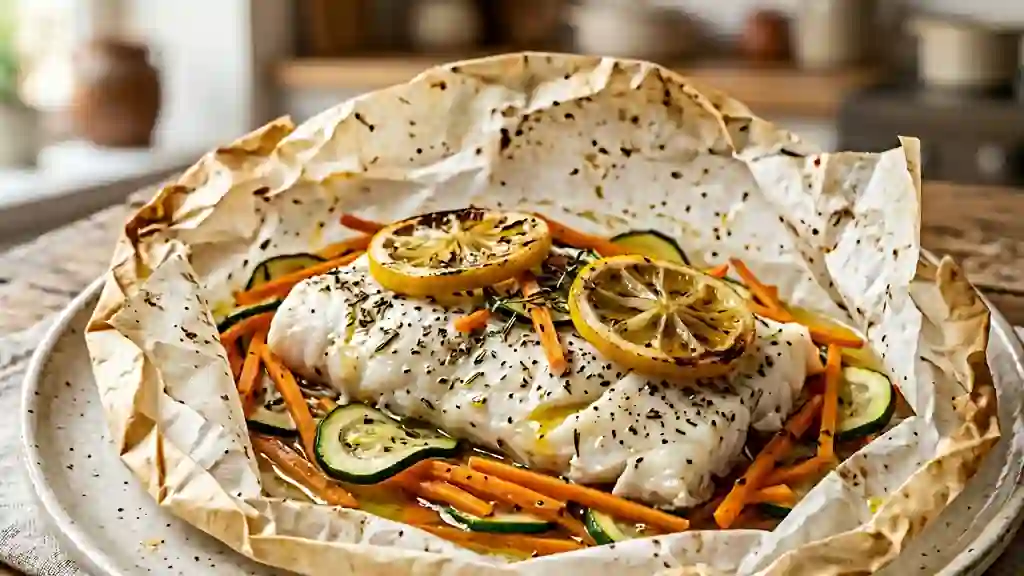 Papillote de poisson blanc aux petits légumes - Photo de présentation