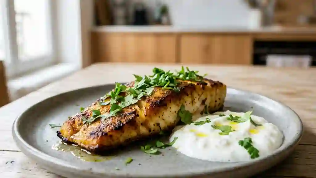 Filets de poisson dorés au curry et coriandre - Photo de présentation