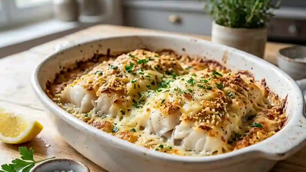 Poisson au four : croûte dorée et crème d'ail - Photo de présentation