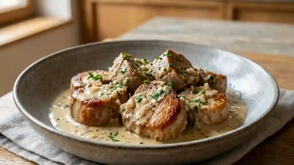 Filets de porc fondants à la crème et vin blanc - Photo de présentation