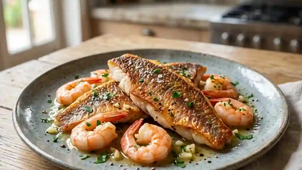 Rougets croustillants et crevettes à l'ail - Photo de présentation