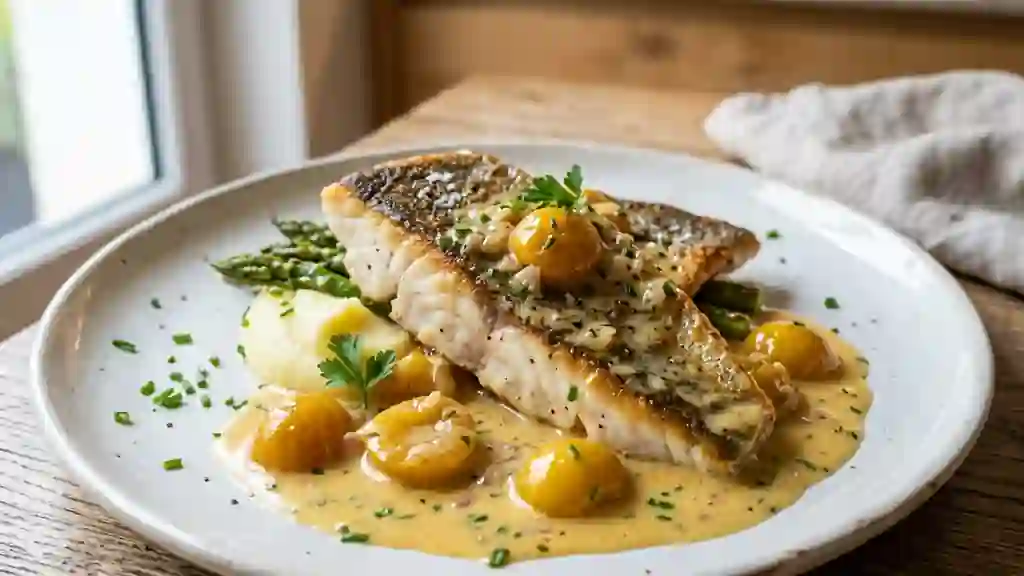 Sandre poêlé et compotée de mirabelles au vin - Photo de présentation