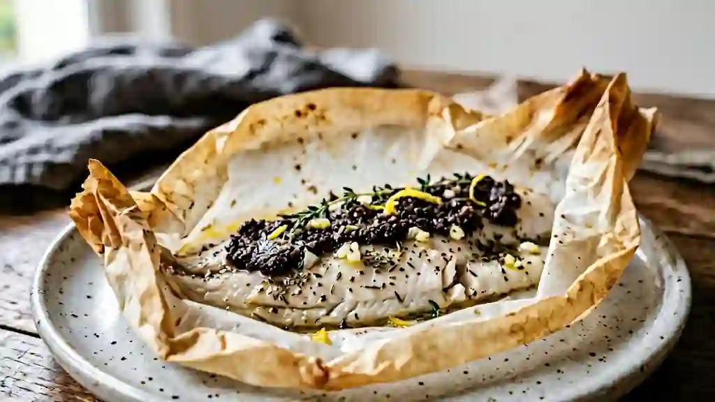Sole nacrée et tapenade en papillote - Photo de présentation