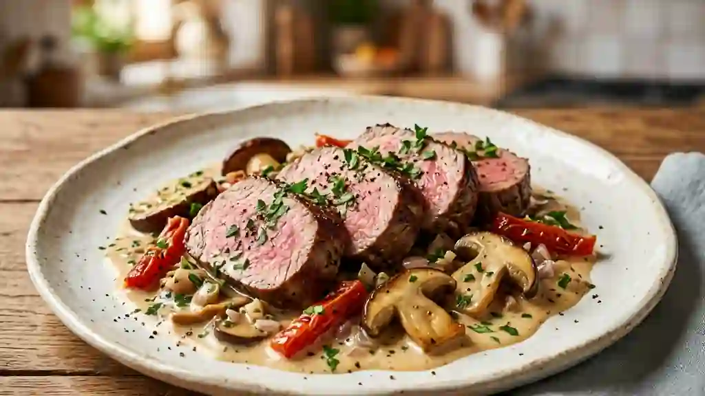 Veau fondant aux cèpes et crème de tomates - Photo de présentation