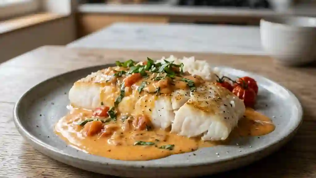 Églefin fondant, sauce onctueuse tomate-basilic - Photo de présentation