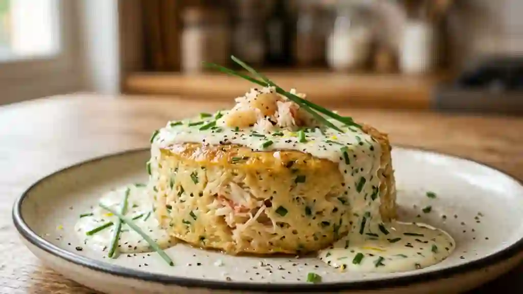 Flan au crabe fondant, sauce ciboulette - Photo de présentation