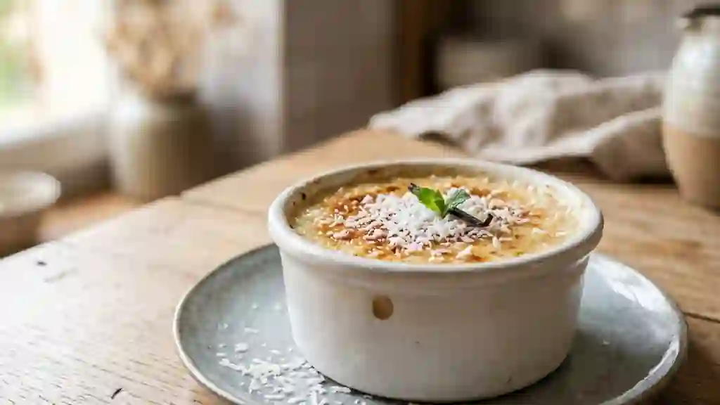 Flan coco fondant et nuage de vanille - Photo de présentation
