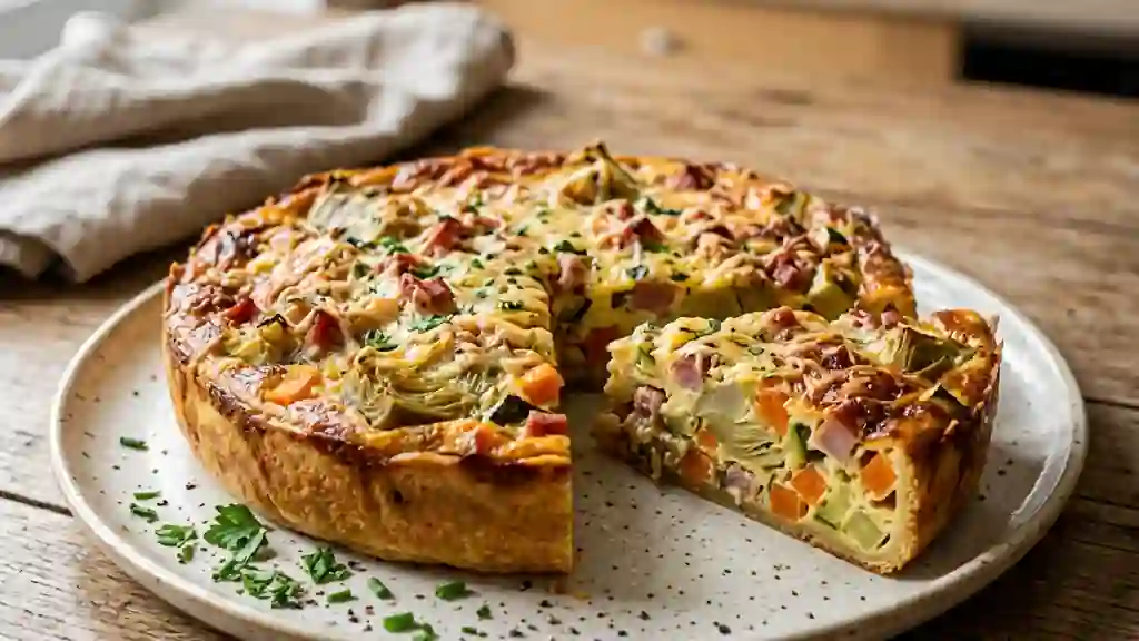 Flan onctueux artichauts, légumes et jambon - Photo de présentation