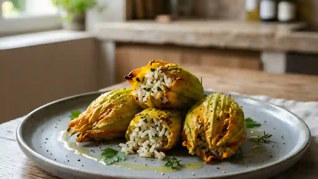 Fleurs de courgettes farcies au riz crémeux - Photo de présentation
