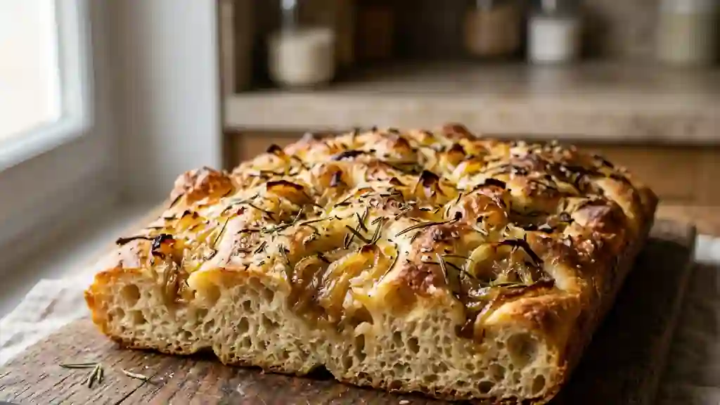 Focaccia moelleuse aux oignons caramélisés - Photo de présentation
